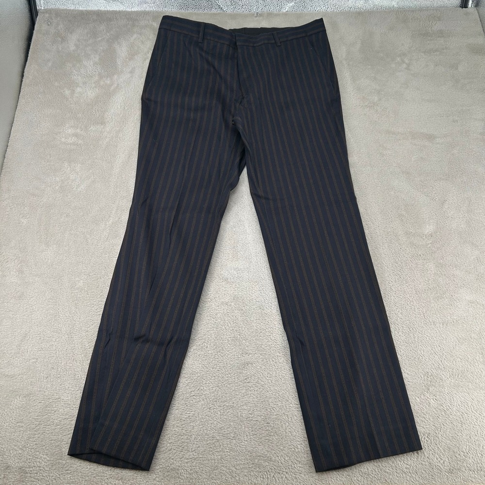 Dries Van Noten Dress Pants Mens 52 Blue Striped Wool Blend‎ Straight Trousers